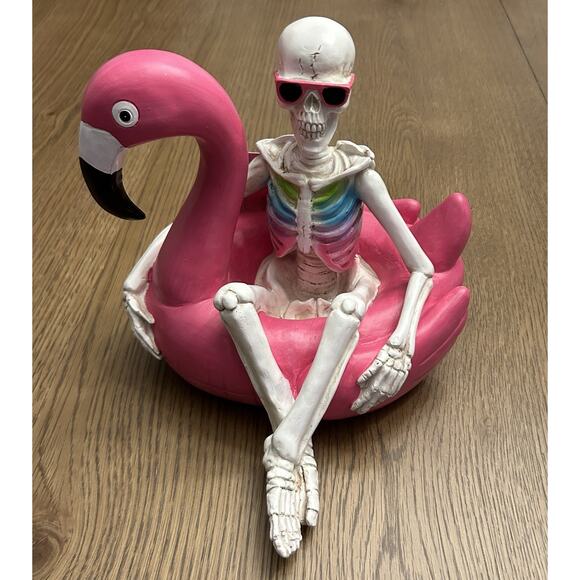 NEW Here Lies Summer Skeleton Flamingo Pool Float Halloween SUMMERWEEN Decor - Picture 1 of 8